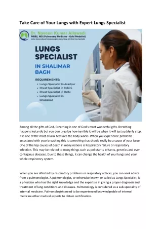 Lungs Specialist in Shalimar Bagh, GTB Nagar, Rohini, Azadpur - drnaveen