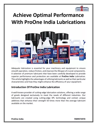 Achieve Optimal Performance With ProOne India Lubrications