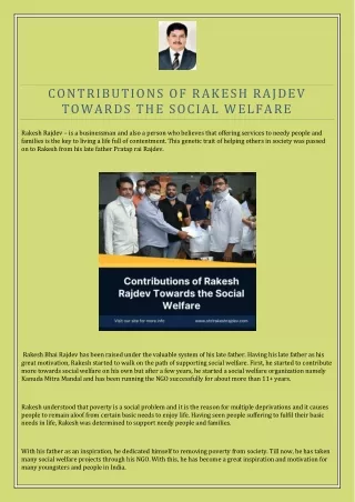 Contributions of Rakesh Rajdev Towards the Social Welfare
