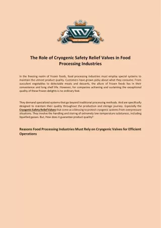 The Role of Cryogenic Safety Relief Valves in Food Processing Industries