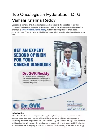 Top Oncologist in Hyderabad - Dr G Vamshi Krishna Reddy