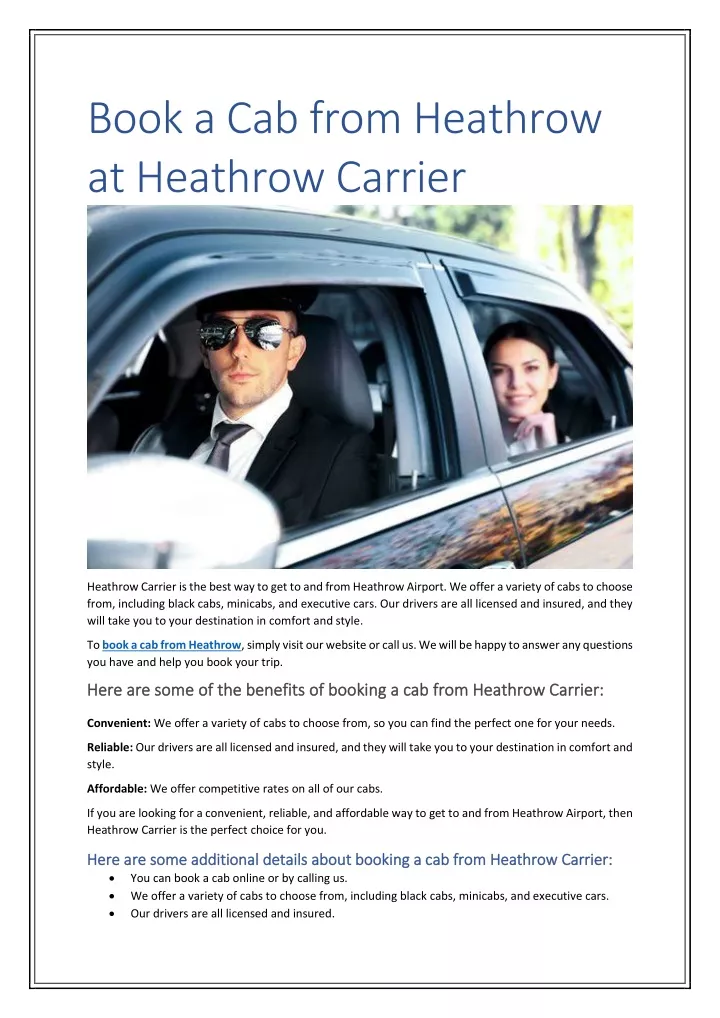 book a cab from heathrow at heathrow carrier