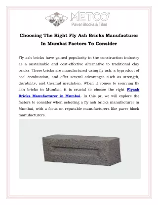 Choosing The Right Fly Ash Bricks Manufacturer In Mumbai Factors To Consider