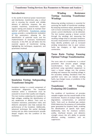 Transformer Testing Services Key Parameters to Measure and Analyze