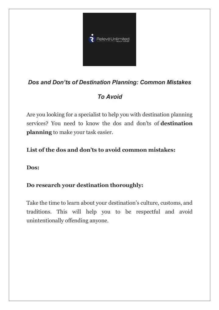 dos and don ts of destination planning common