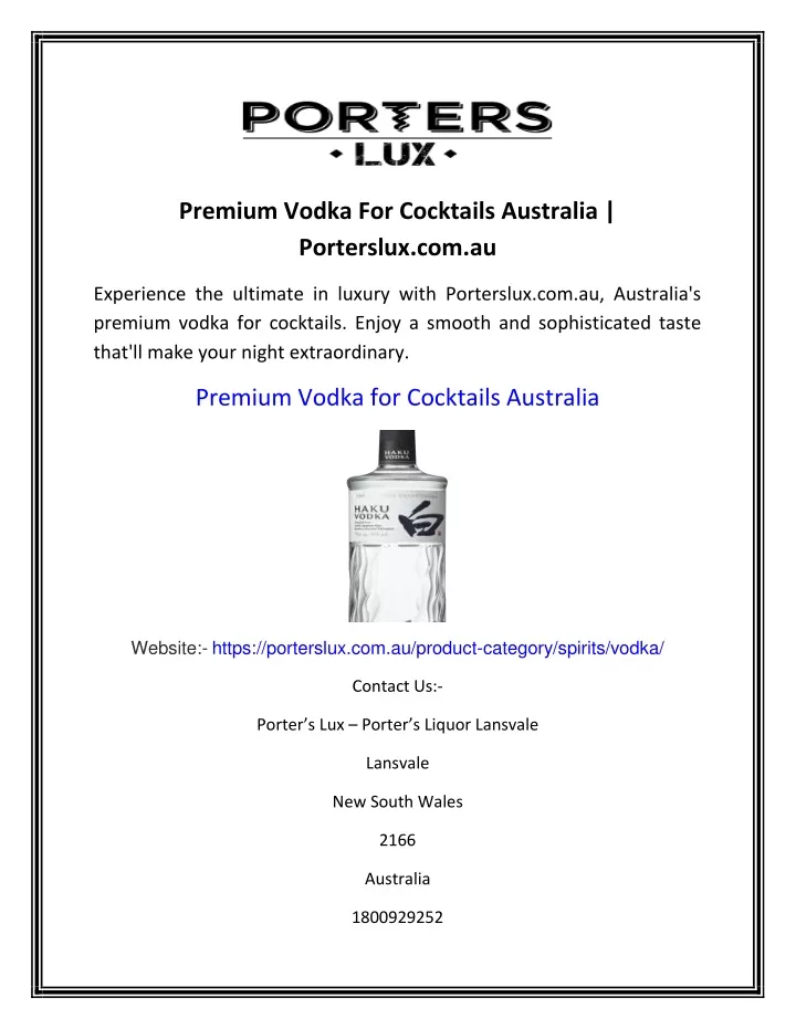 premium vodka for cocktails australia porterslux