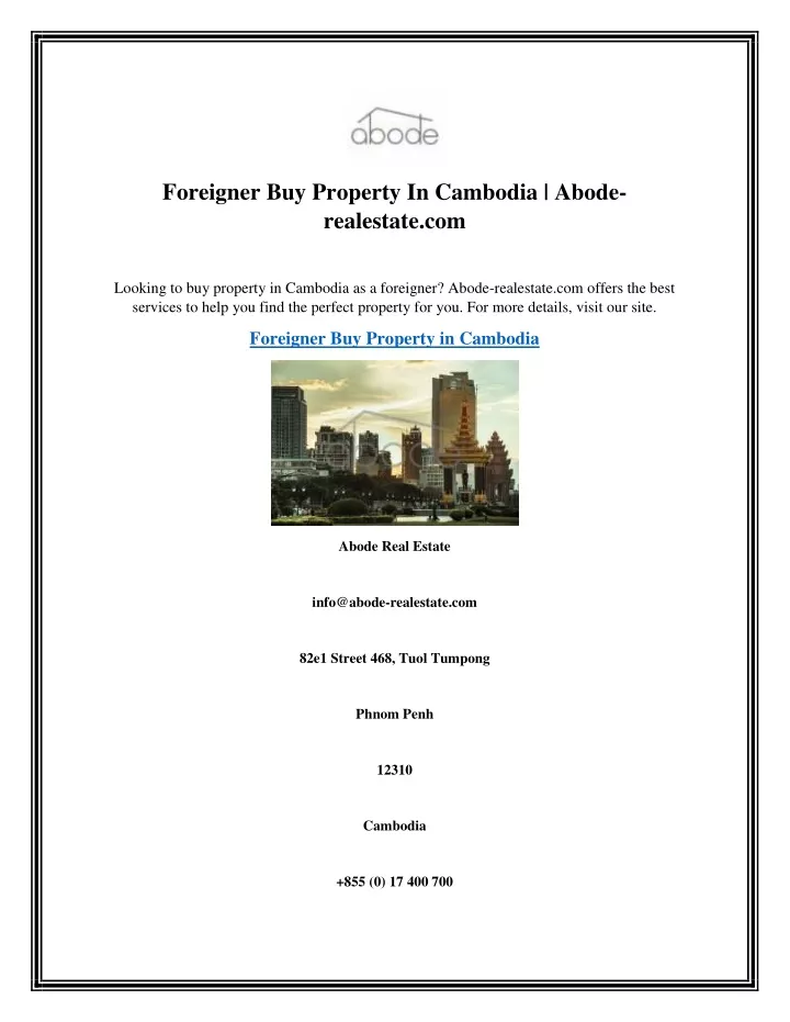 foreigner buy property in cambodia abode