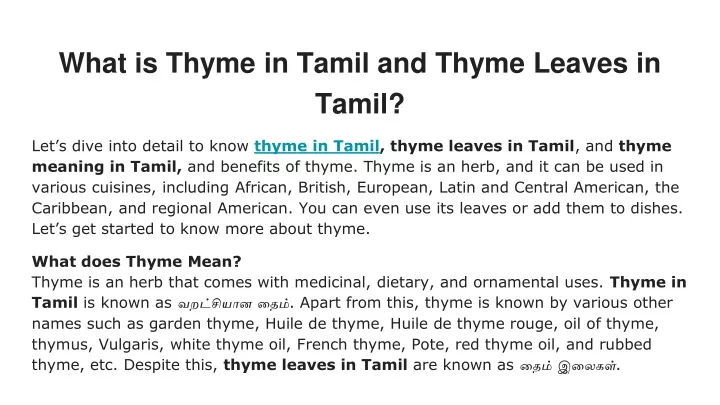what is thyme in tamil and thyme leaves in tamil