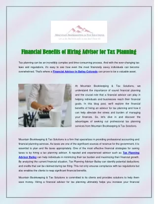 Financial Benefits of Hiring Advisor for Tax Planning