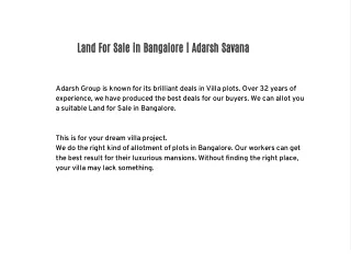 Land For Sale in Bangalore | Adarsh Savana