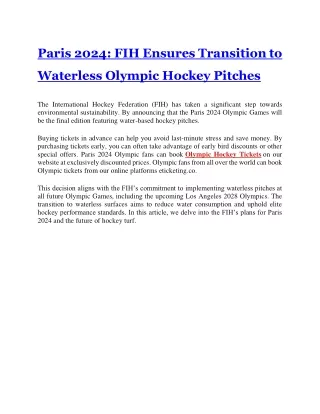 Paris 2024 FIH Ensures Transition to Waterless Olympic Hockey Pitches