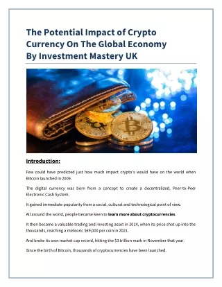 The Potential Impact of Crypto Currency On The Global Economy_Investment Mastery UK