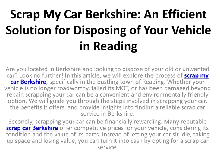 scrap my car berkshire an efficient solution for disposing of your vehicle in reading