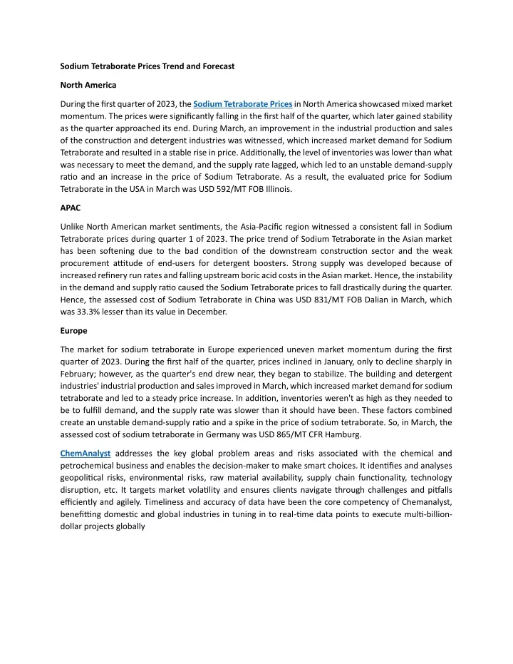 sodium tetraborate prices trend and forecast