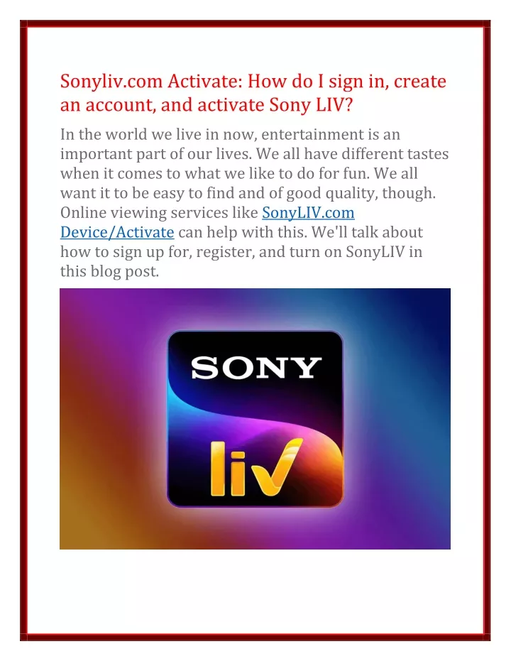 sonyliv com activate how do i sign in create