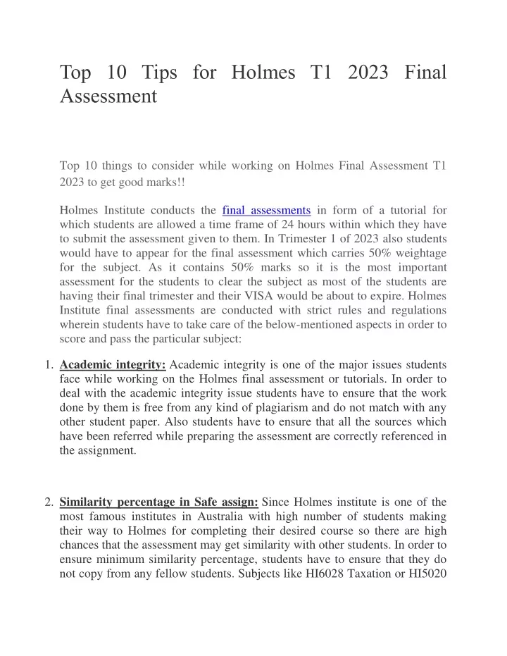 top 10 tips for holmes t1 2023 final assessment