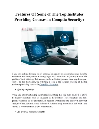 Features Of Some of The Top Institutes Providing Courses in Comptia Security