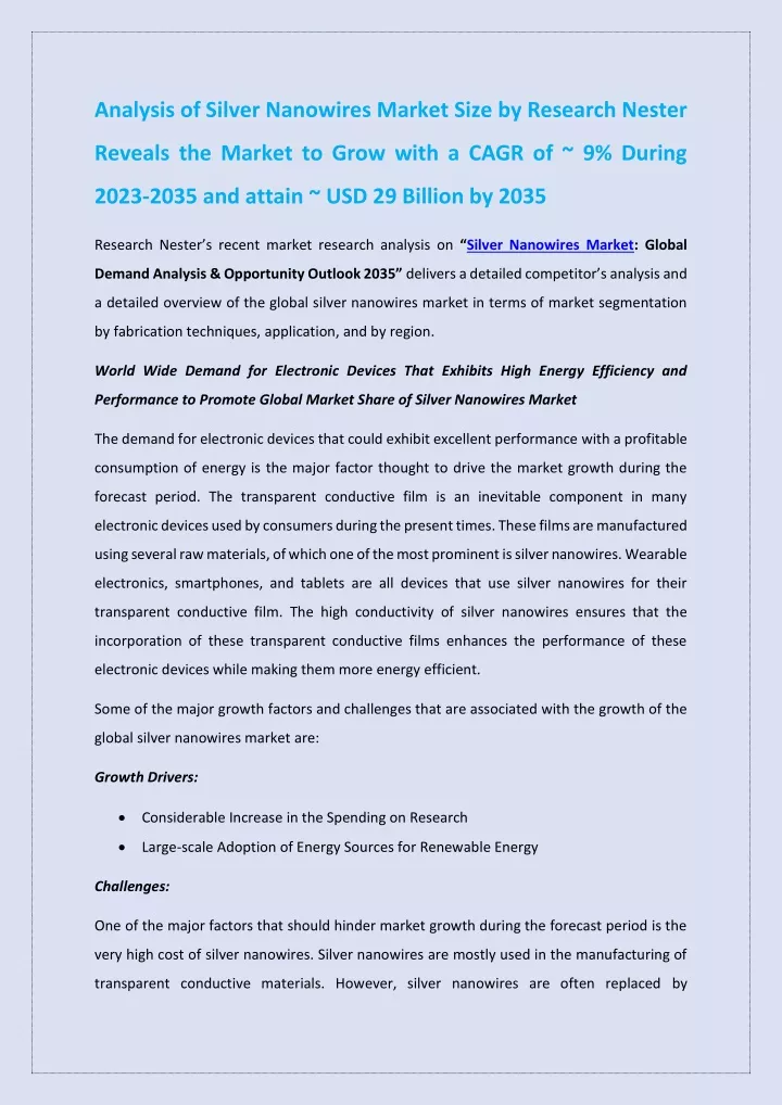 analysis of silver nanowires market size