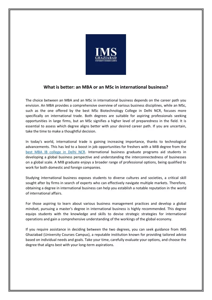 what is better an mba or an msc in international