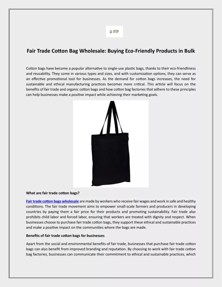 fair trade cotton bag wholesale buying