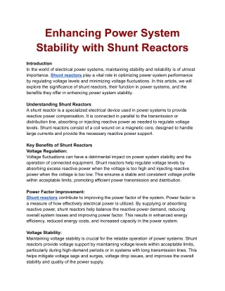 Enhancing Power System Stability with Shunt Reactors