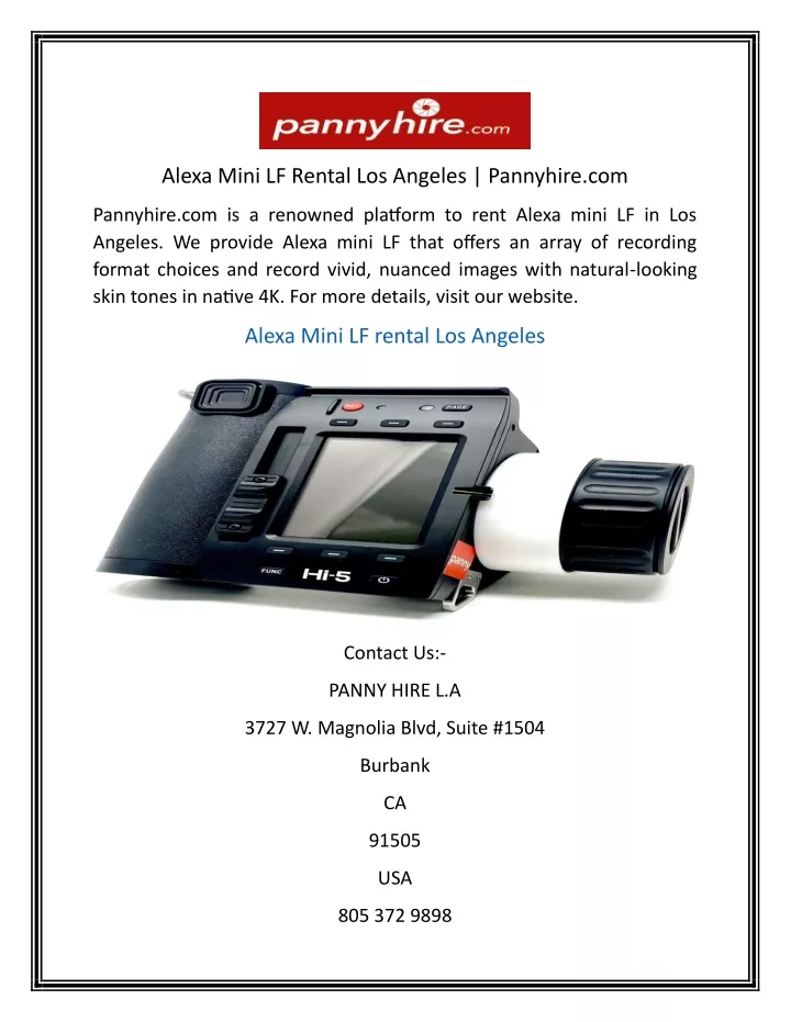 alexa mini lf rental los angeles pannyhire com