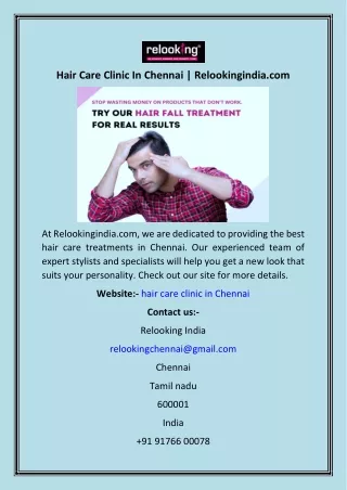 Hair Care Clinic In Chennai  Relookingindia