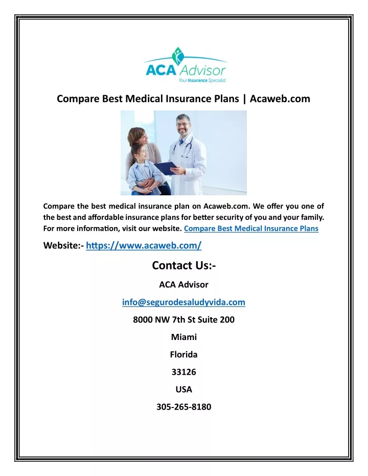 compare best medical insurance plans acaweb com