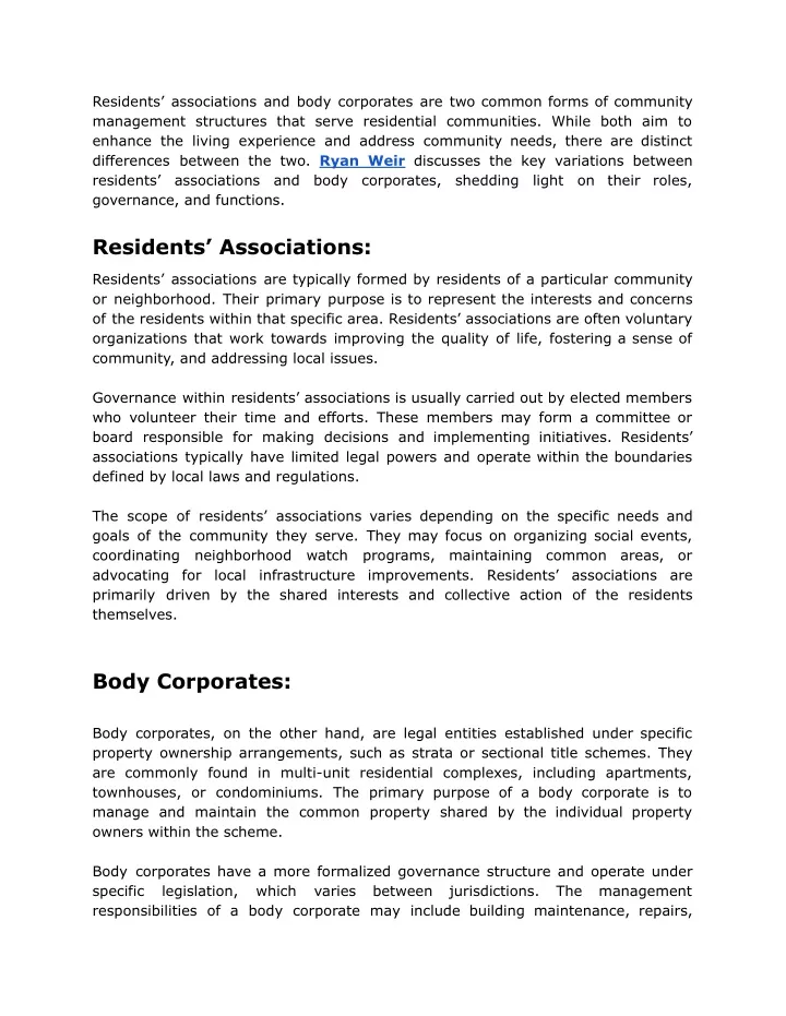 residents associations and body corporates