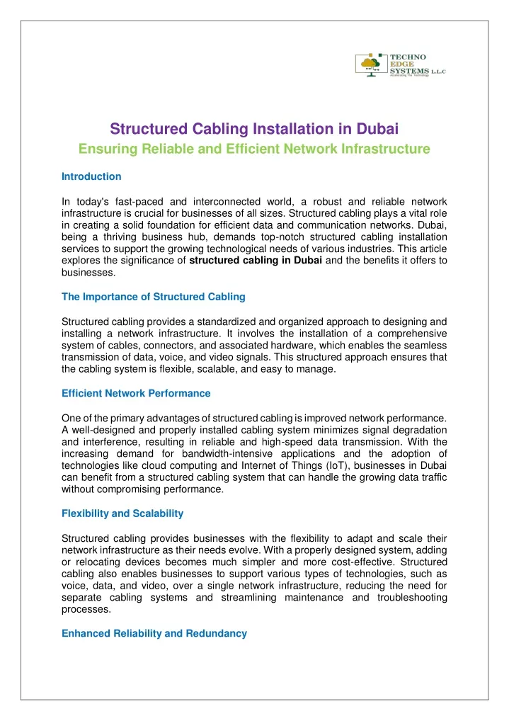 structured cabling installation in dubai ensuring