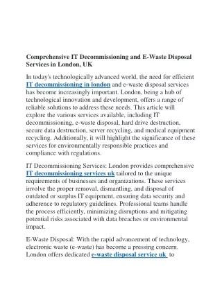 Comprehensive IT Decommissioning and E-Waste Disposal Services in London, UK