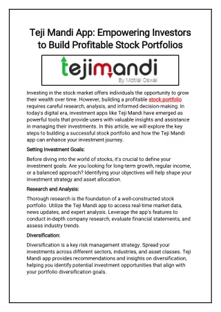 Teji Mandi App  Empowering Investors to Build Profitable Stock Portfolios