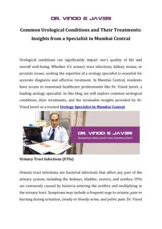 Common Urological Conditions and Their Treatments Insights from a Specialist in Mumbai Central