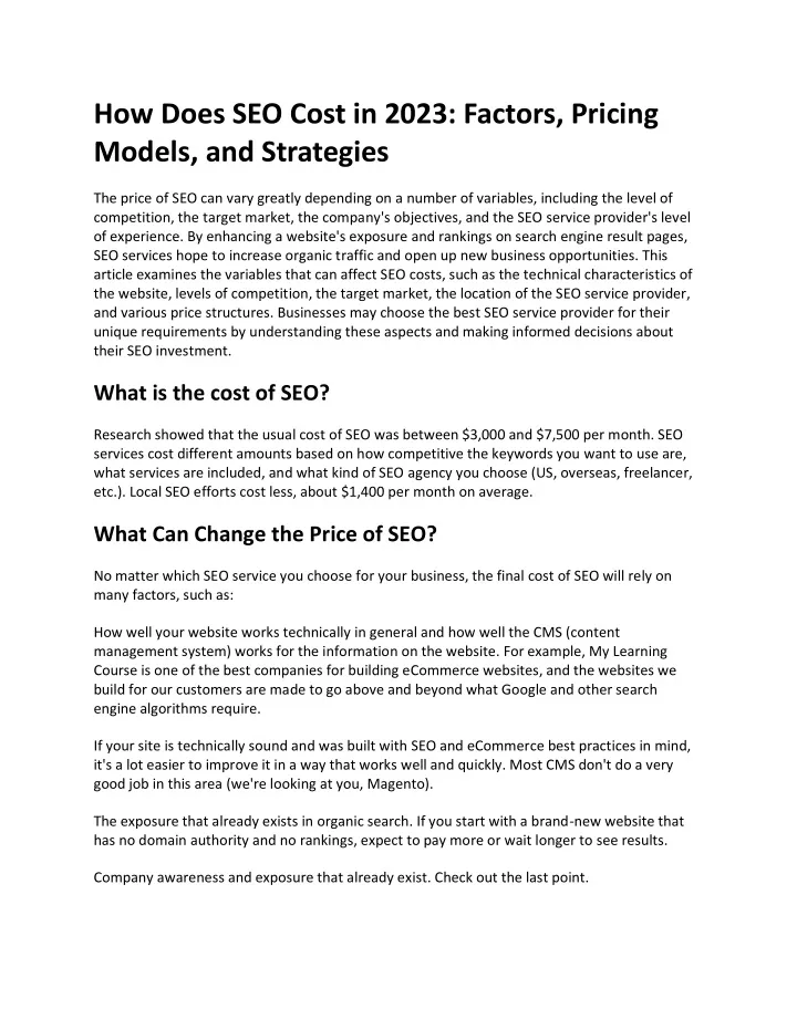 how does seo cost in 2023 factors pricing models