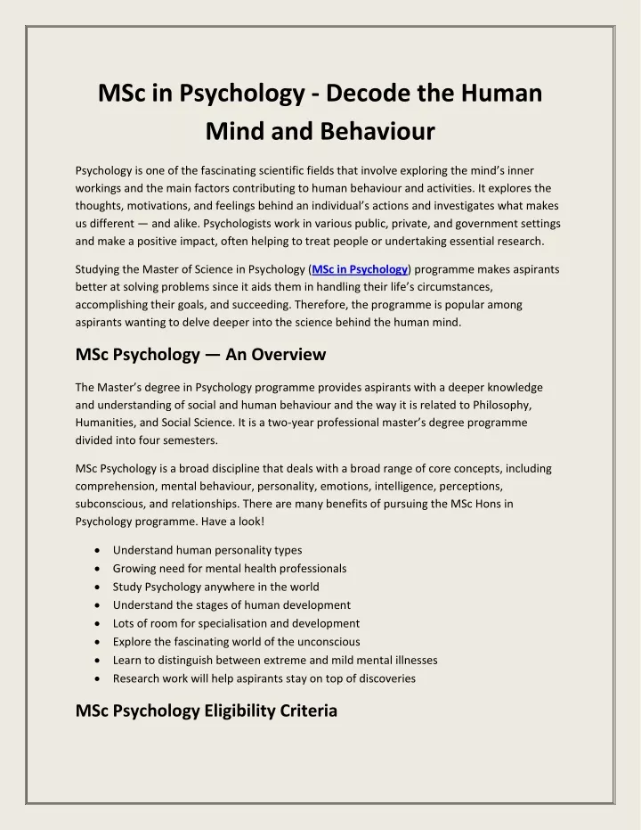 msc in psychology decode the human mind