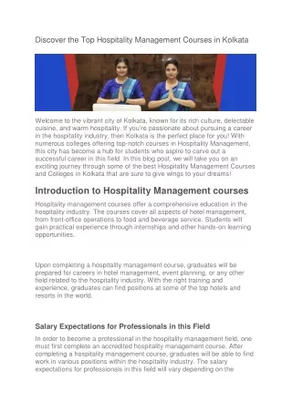 Discover the Top Hospitality Management Courses in Kolkata