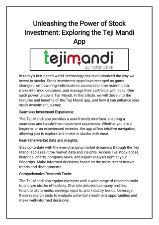 Unleashing the Power of Stock Investment Exploring the Teji Mandi App