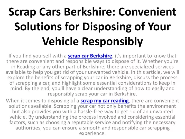 scrap cars berkshire convenient solutions for disposing of your vehicle responsibly