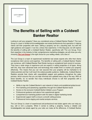 The Benefits of Selling with a Coldwell Banker Realtor