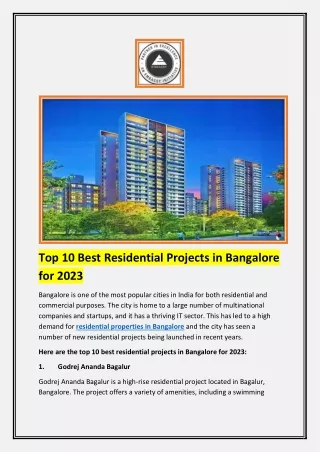 Top 10 Best Residential Projects in Bangalore for 2023