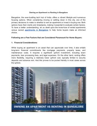 Owning an Apartment vs Renting an apartment in Bangalore