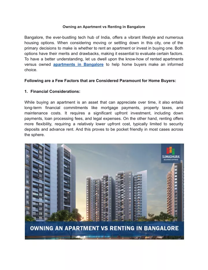 owning an apartment vs renting in bangalore