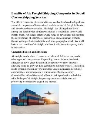 Benefits of Air Freight| Shipping companies in Dubai|Clarion Shipping Services
