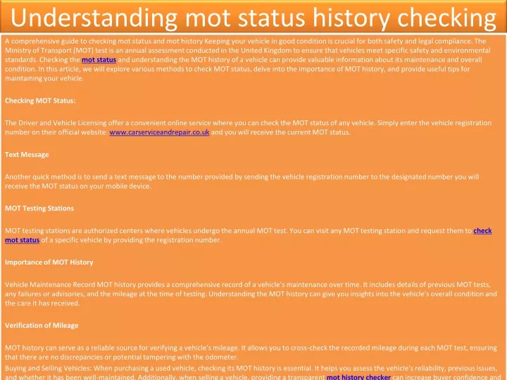 understanding mot status history checking