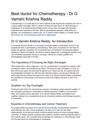 Best doctor for Chemotherapy - Dr G Vamshi Krishna Reddy