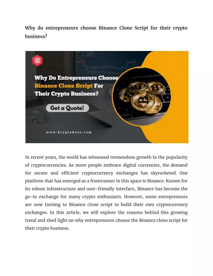 why do entrepreneurs choose binance clone script