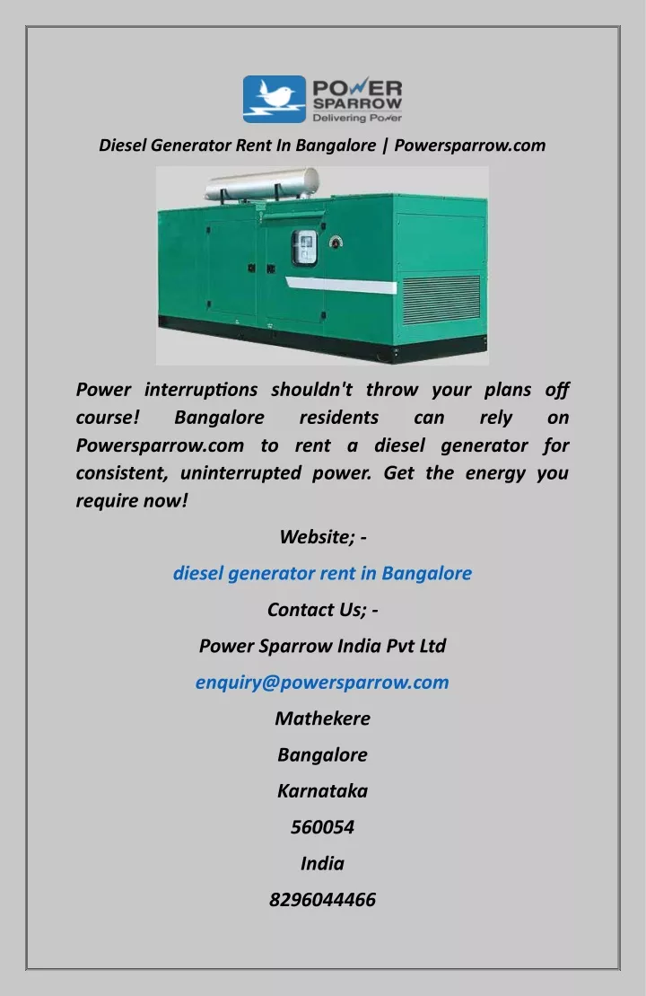 diesel generator rent in bangalore powersparrow