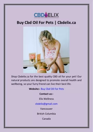Buy Cbd Oil For Pets  Cbdelix.ca