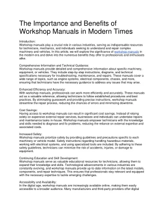The Importance and Benefits of Workshop Manuals in Modern Times