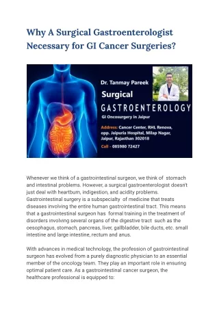 Why A Surgical Gastroenterologist Necessary for GI Cancer Surgeries_